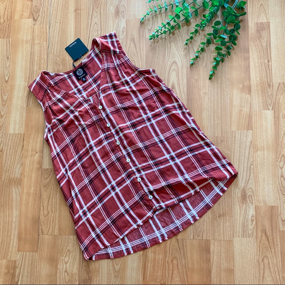 Bobeau Red Button Front Plaid Top